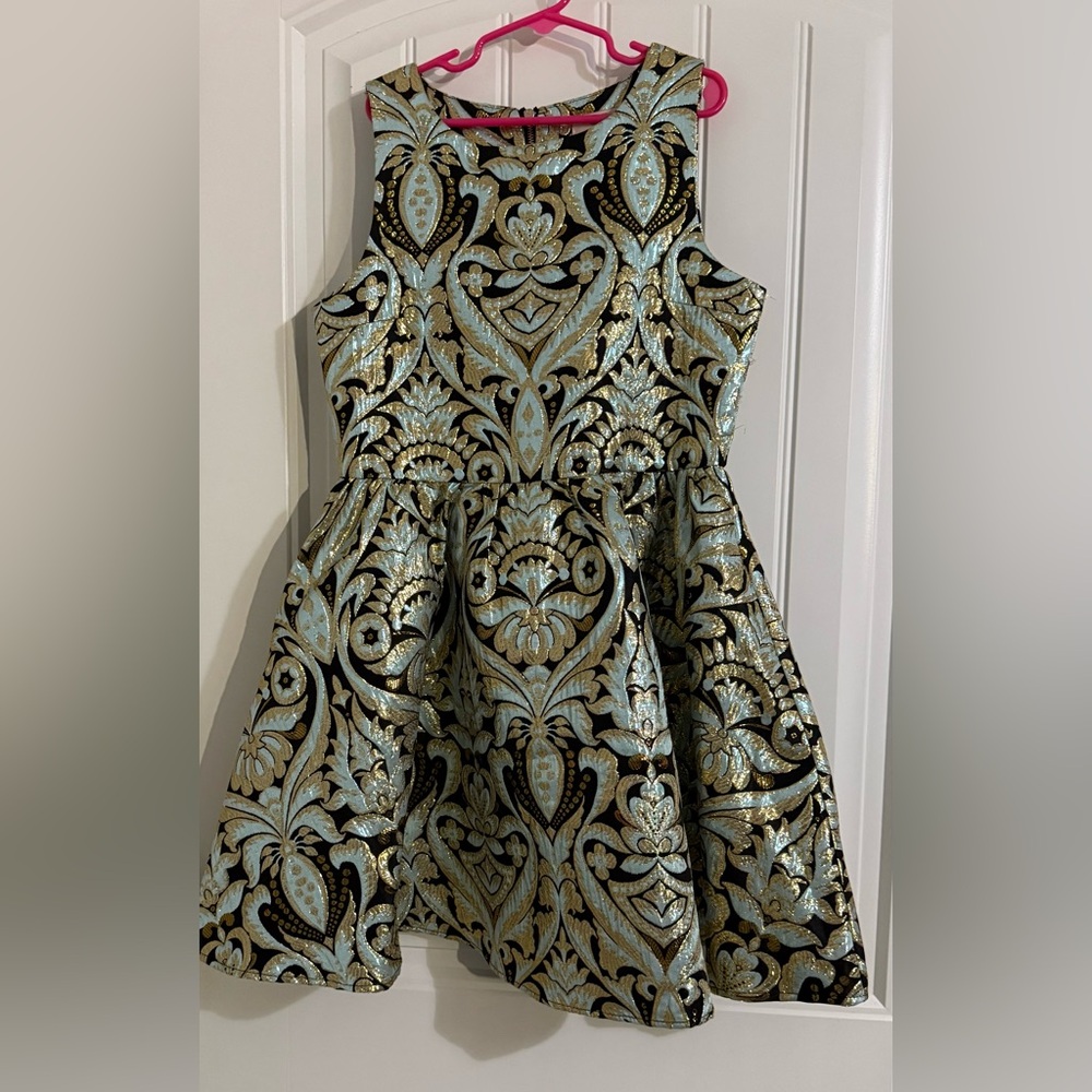Gianni Bini Girls Brocade Party Holiday Dress Size 12 Metallic Gold Light Blue